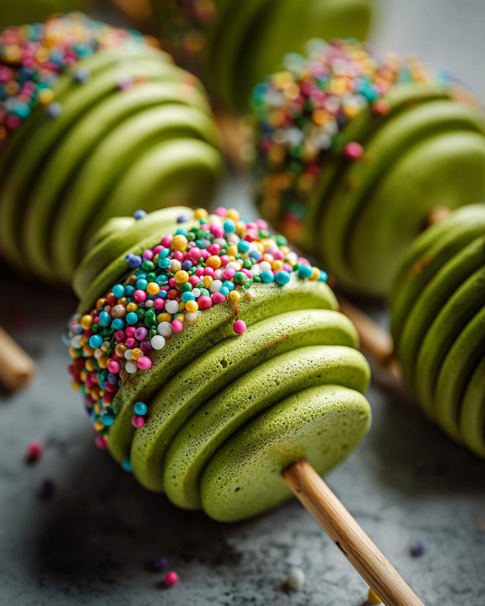 Close-up of green Christmas Tree Meringue Pops decorated with colorful sprinkles.