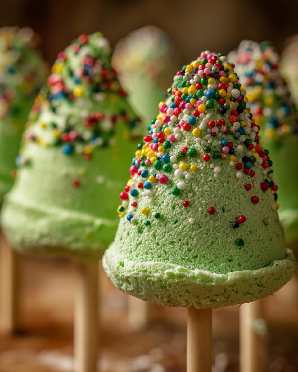 Close-up of green Christmas Tree Meringue Pops decorated with colorful sprinkles.