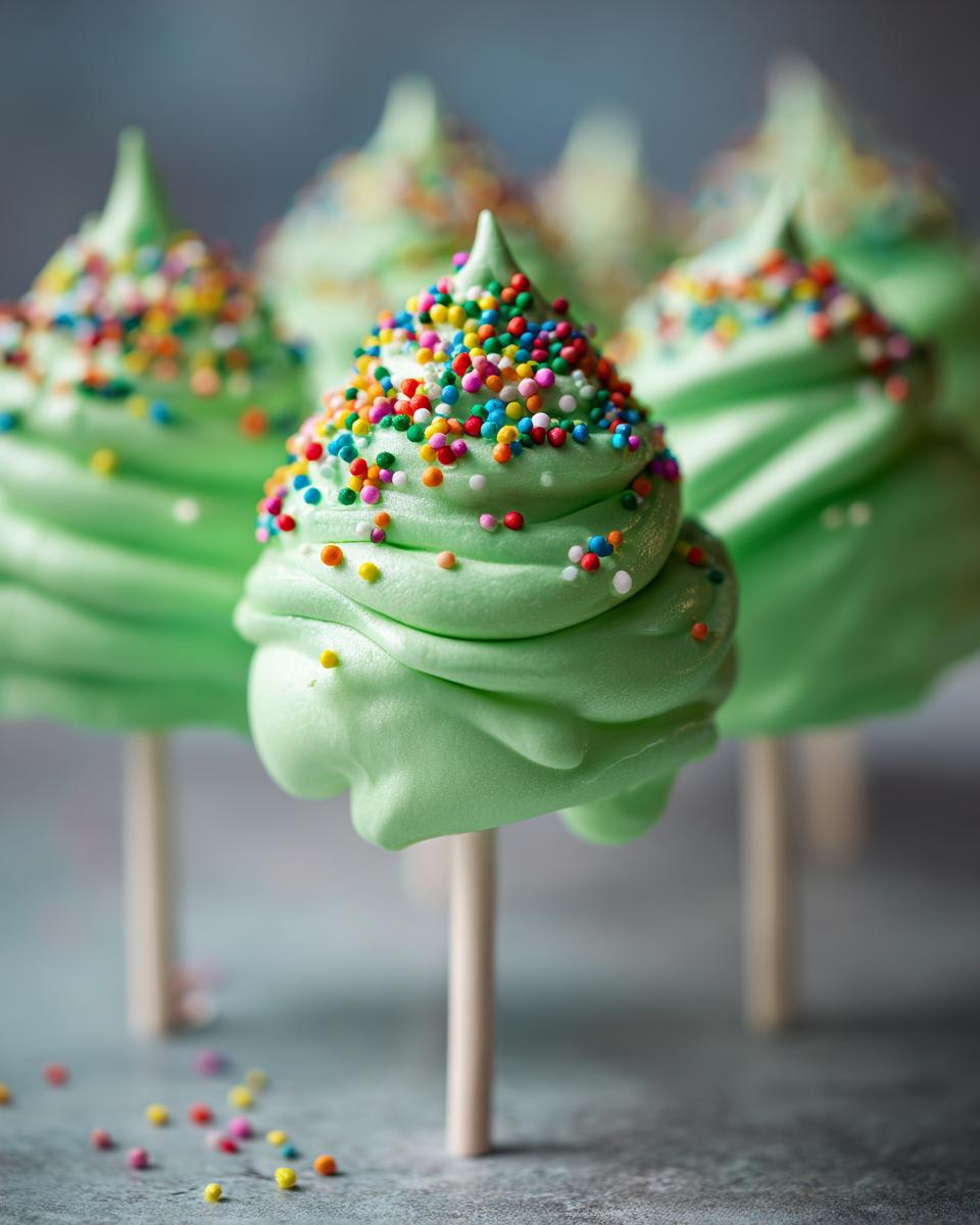 Close-up of green Christmas Tree Meringue Pops decorated with colorful sprinkles, perfect for the holidays.