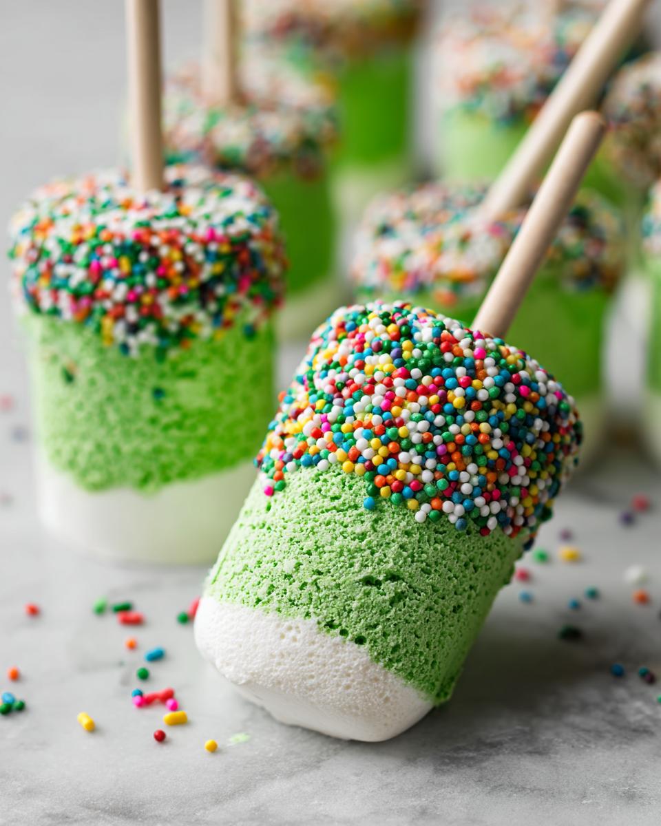 Close-up of Christmas Tree Meringue Pops with green meringue, sprinkles, and a wooden stick.