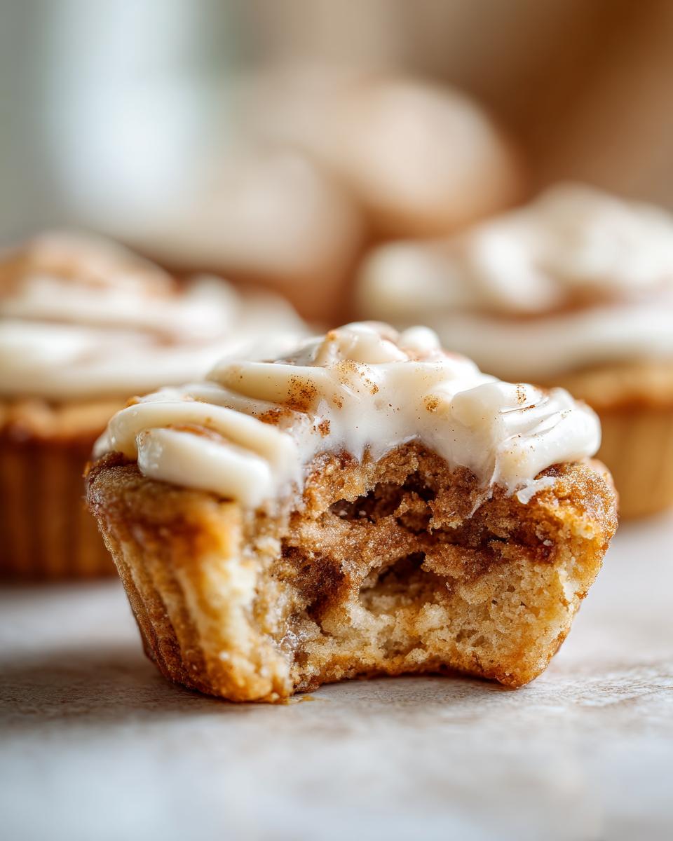 Close-up of a Cinnamon Roll Sugar Cookie Cup with a bite taken out, showing the inside layers and frosting.