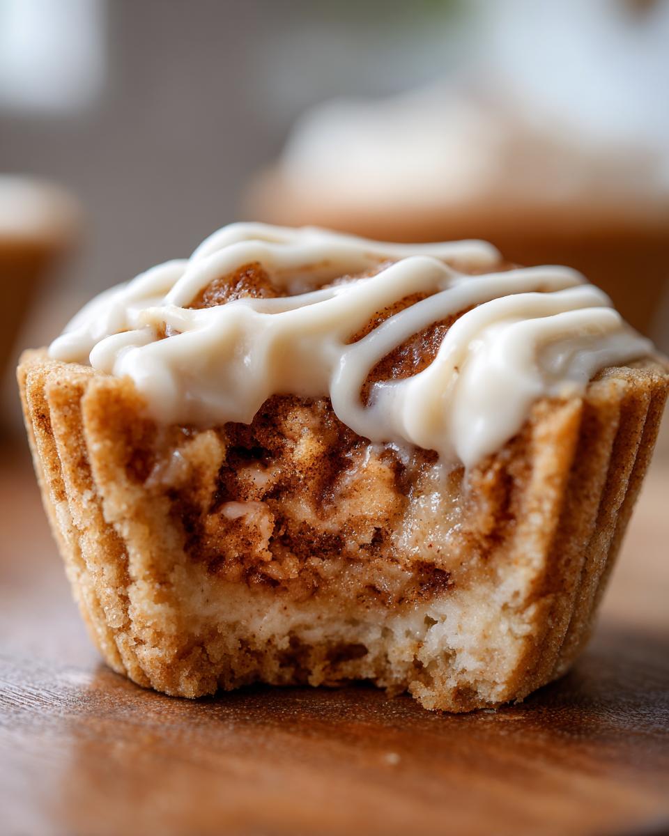 Close-up of a Cinnamon Roll Sugar Cookie Cup with a bite taken out, showing the filling and frosting.