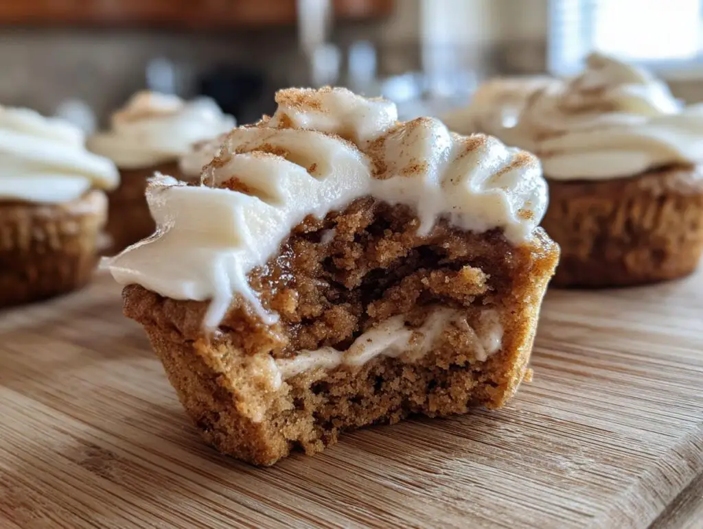 Close-up of a Cinnamon Roll Sugar Cookie Cup with frosting and cinnamon.