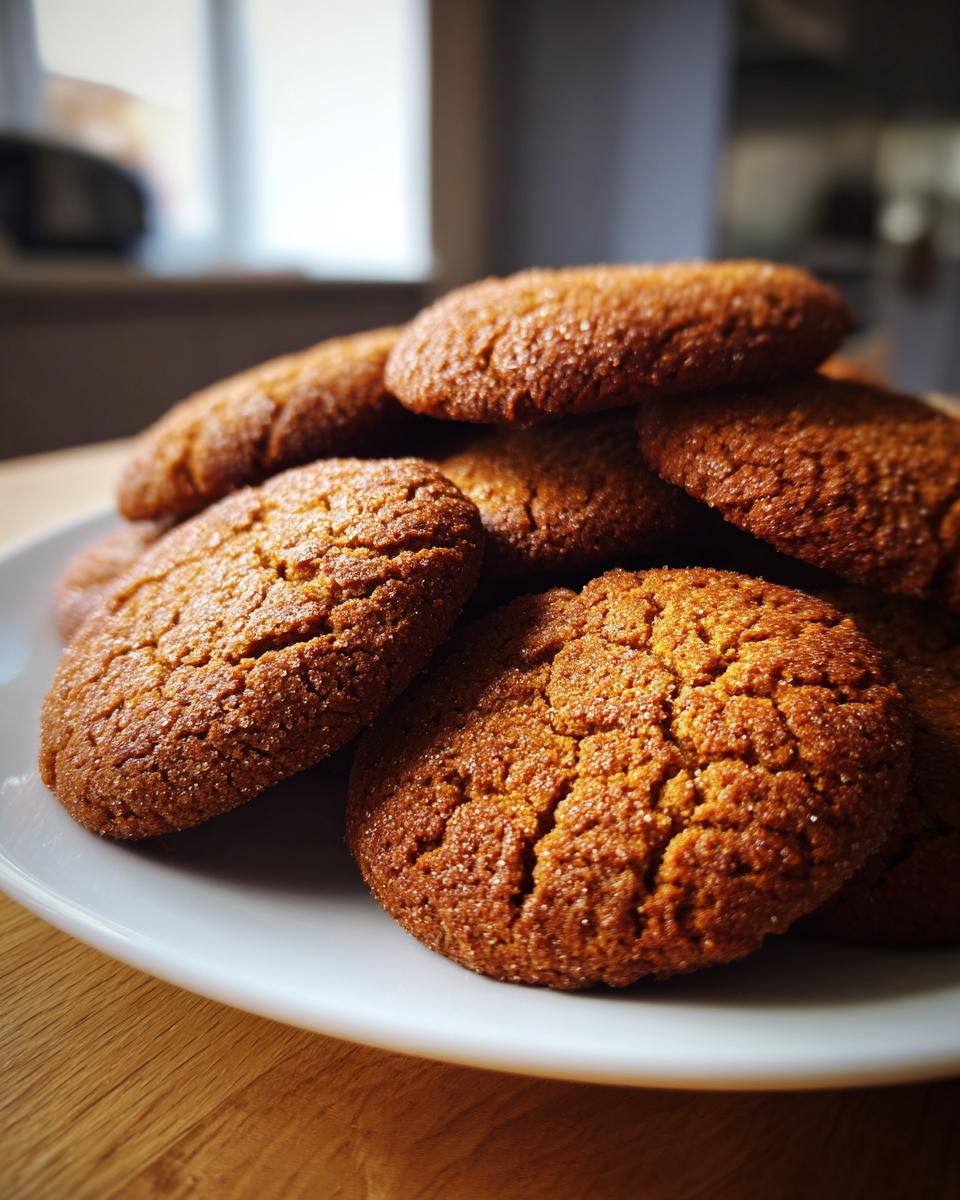 Classic Gingerbread Cookies: 10 Min Bake 7 A close-up of a pile of Classic Gingerbread Cookies Soft & Chewy, glistening with sugar.