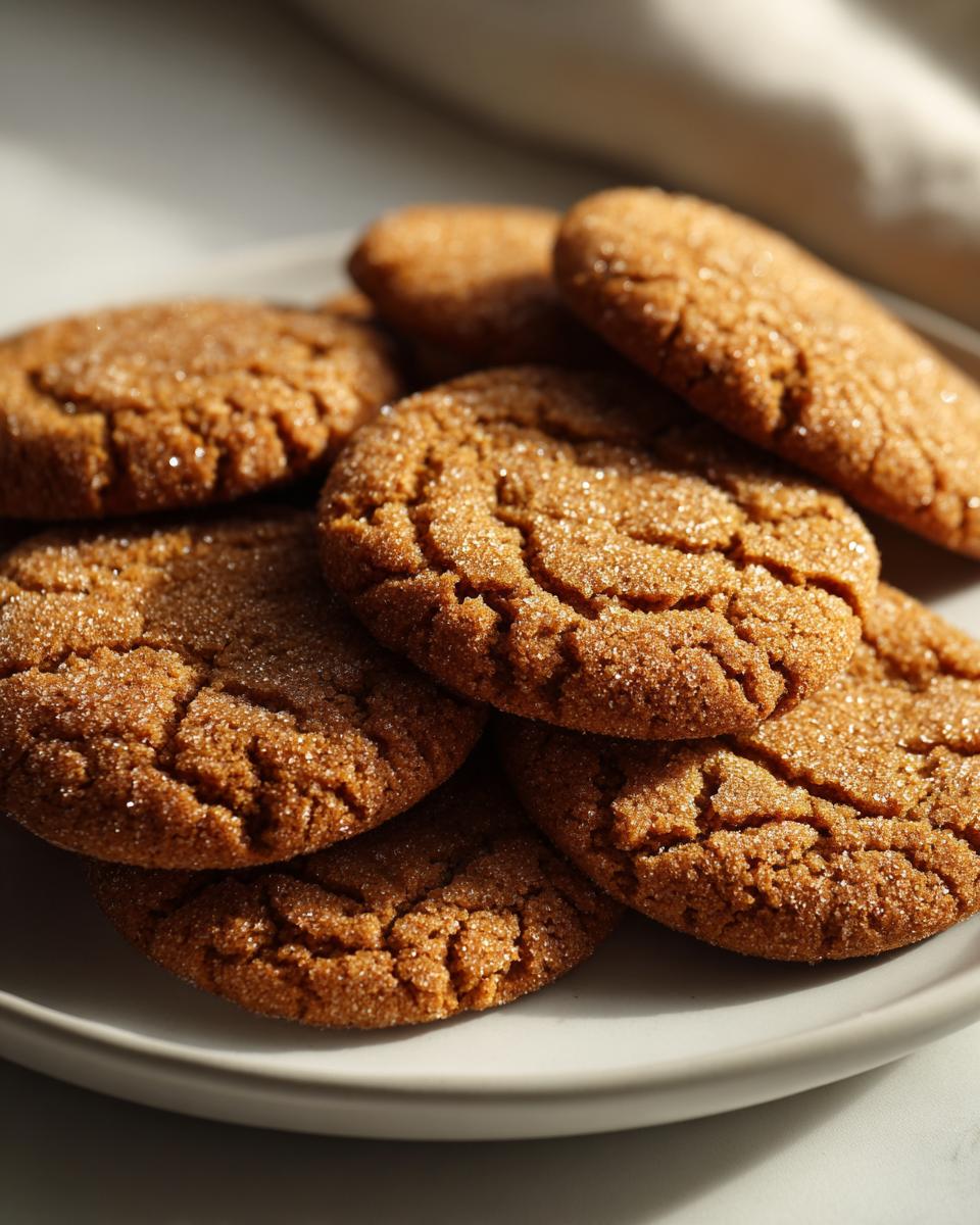Classic Gingerbread Cookies: 10 Min Bake 8 A close-up of a pile of Classic Gingerbread Cookies Soft & Chewy, dusted with sugar.