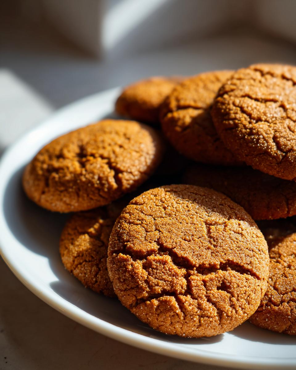 Classic Gingerbread Cookies: 10 Min Bake 10 Close-up of a pile of Classic Gingerbread Cookies Soft & Chewy on a white plate, with sunlight casting shadows.