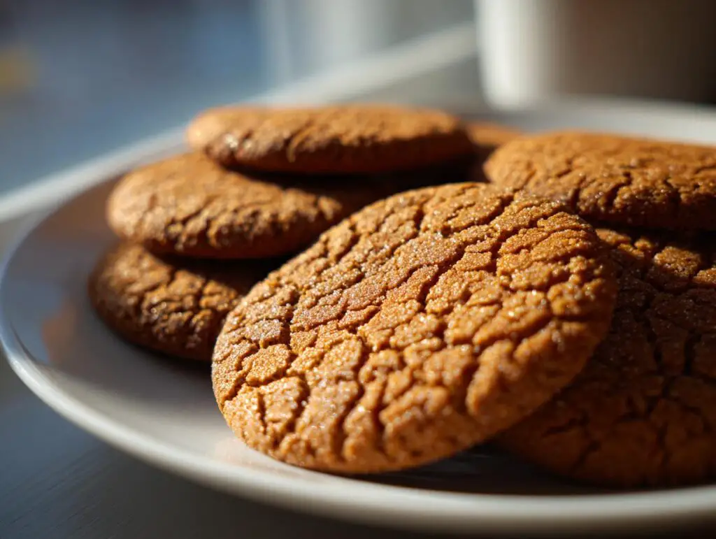 A close-up of a stack of Classic Gingerbread Cookies Soft & Chewy on a white plate, with a textured, cracked surface.
