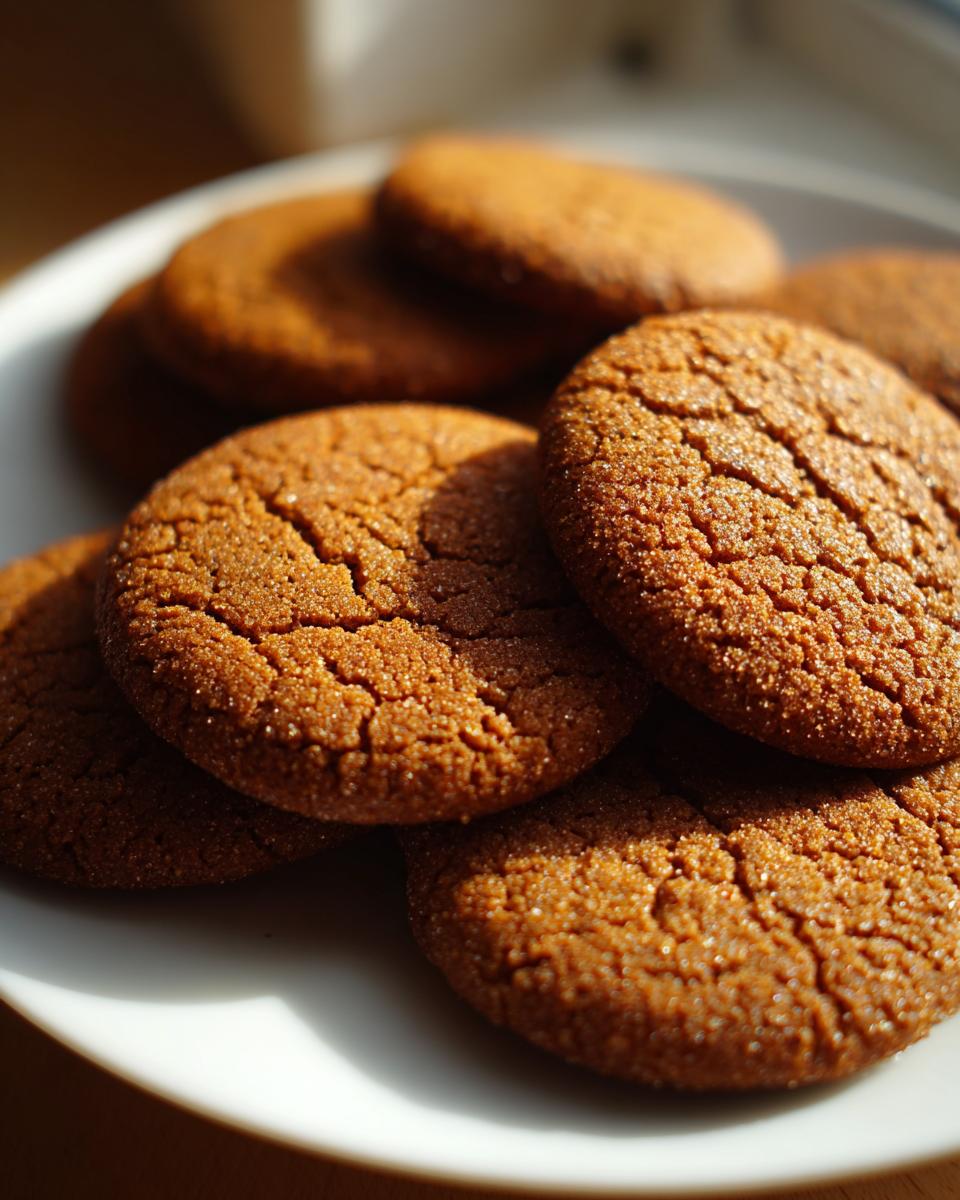 Classic Gingerbread Cookies: 10 Min Bake 9 Close up of a pile of Classic Gingerbread Cookies Soft & Chewy on a white plate, showing their cracked tops and sugar coating.