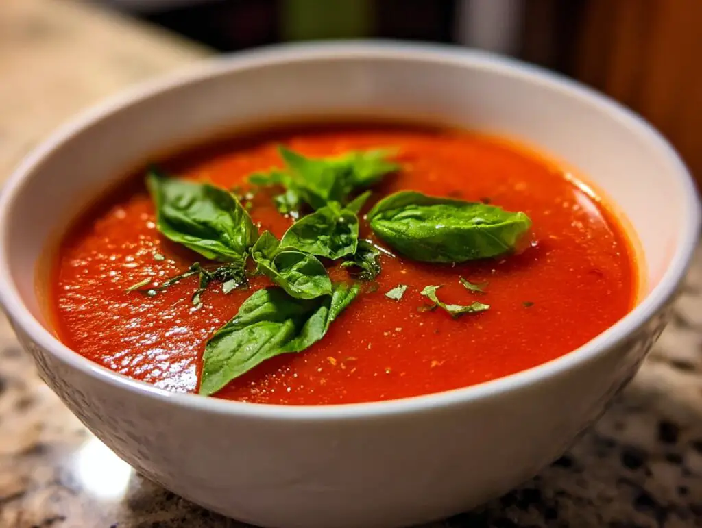 Close-up of a bowl of Classic Tomato Basil Soup garnished with fresh basil leaves.