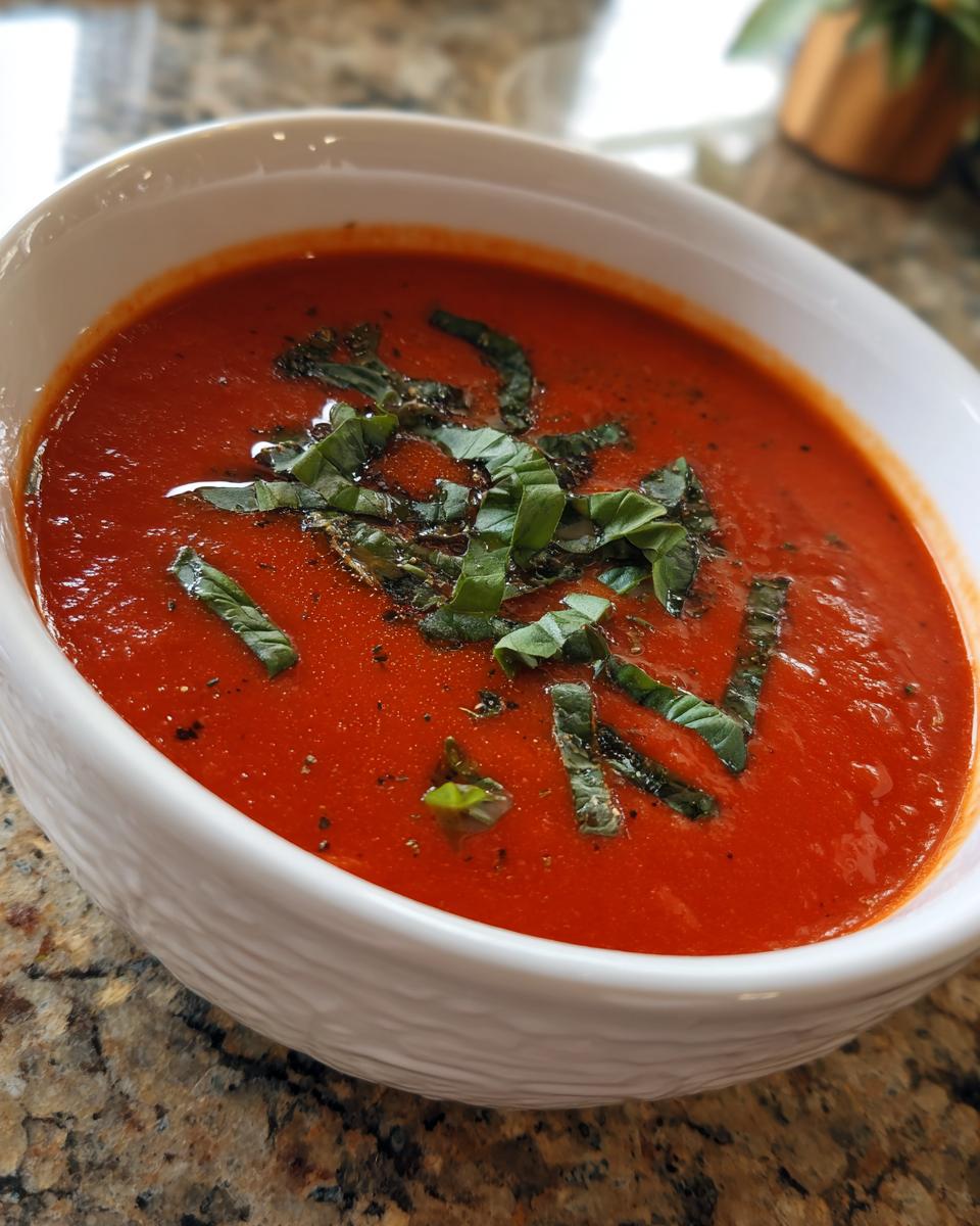 Close-up of a bowl of Classic Tomato Basil Soup, garnished with fresh basil.