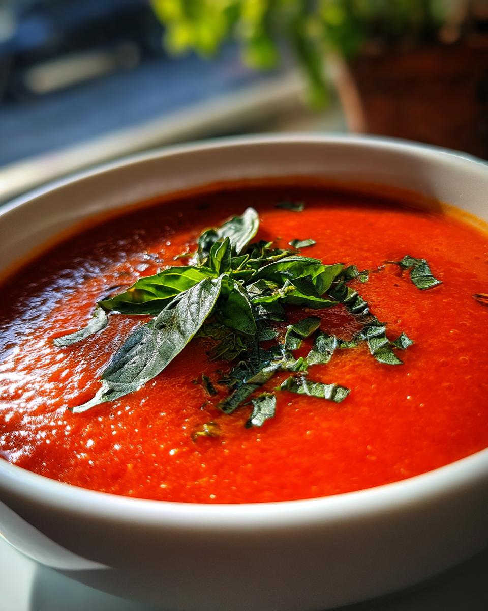 Close-up of a bowl of Classic Tomato Basil Soup, garnished with fresh basil leaves.