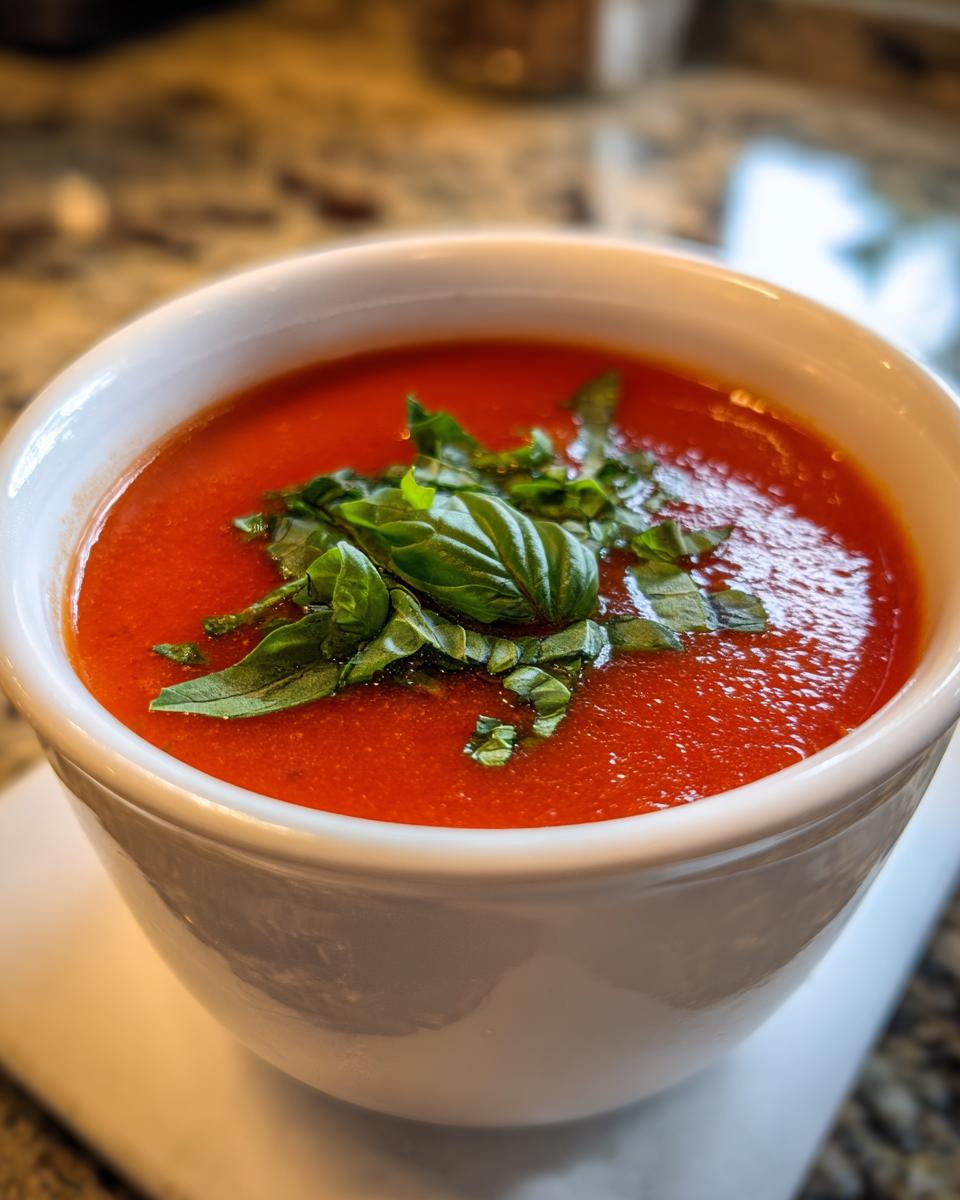 Close-up of a bowl of Classic Tomato Basil Soup, garnished with fresh basil leaves.