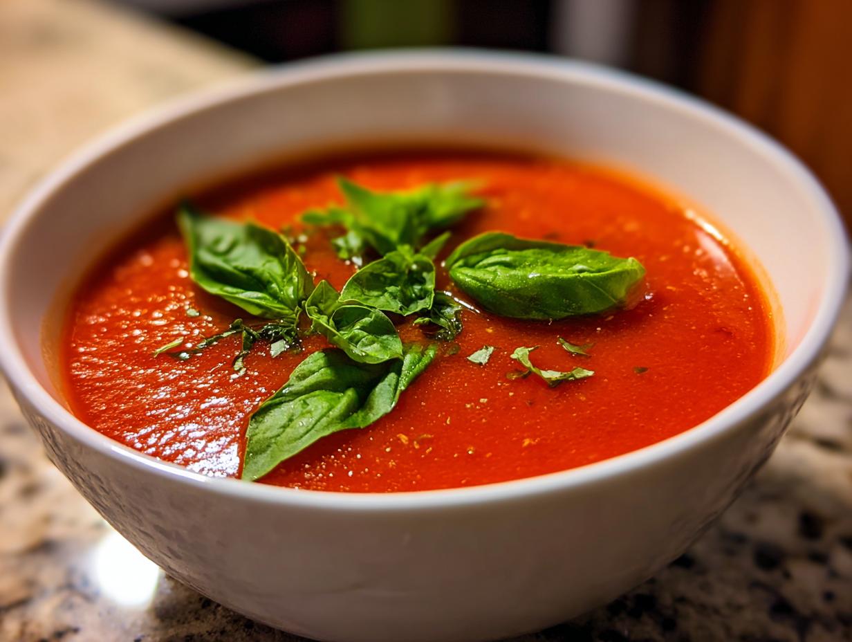 Close-up of a bowl of Classic Tomato Basil Soup garnished with fresh basil leaves.