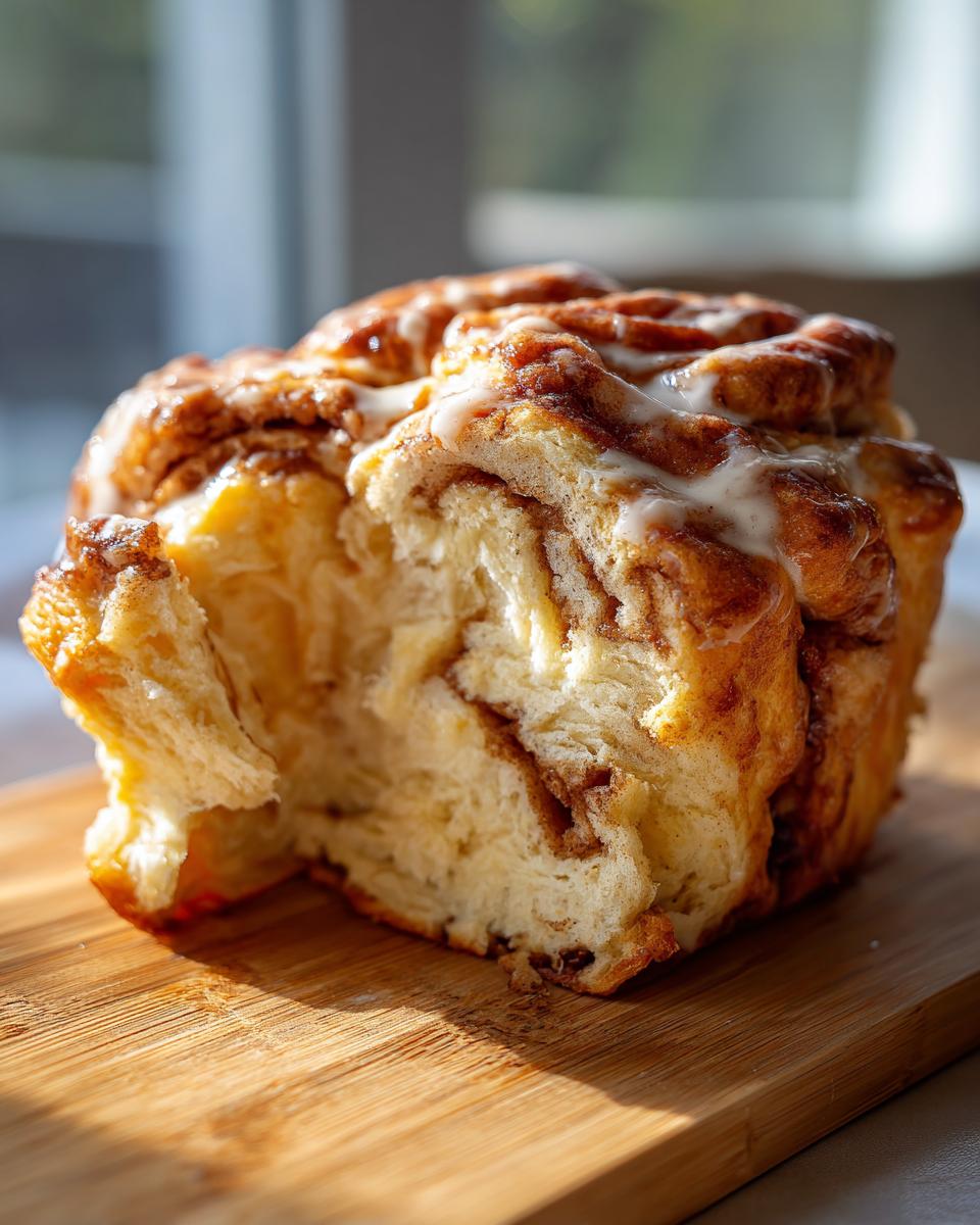 Close-up of a fluffy Cloud Bread Cinnamon Roll on a wooden board, showing the soft interior.
