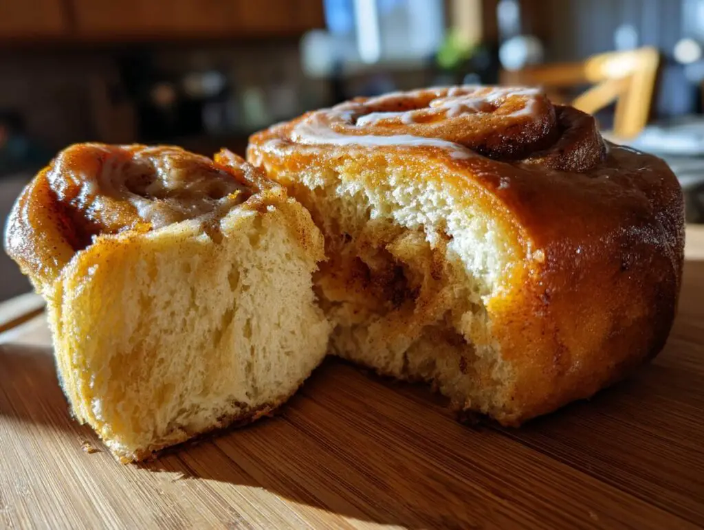 Close-up of a cut Cloud Bread Cinnamon Roll, showing the fluffy interior and cinnamon swirl.