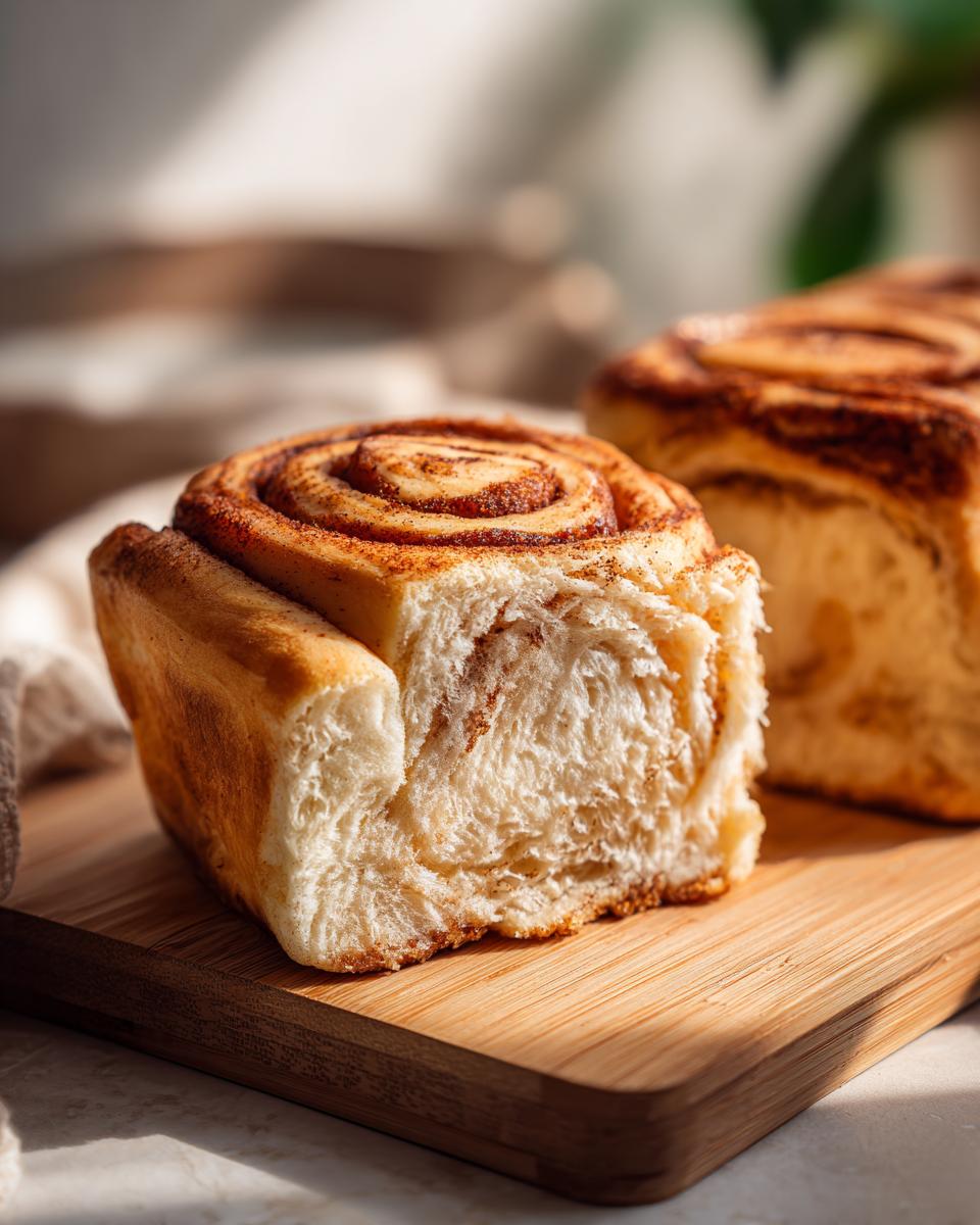 Close-up of a cut Cloud Bread Cinnamon Roll on a wooden board, showing the soft interior.