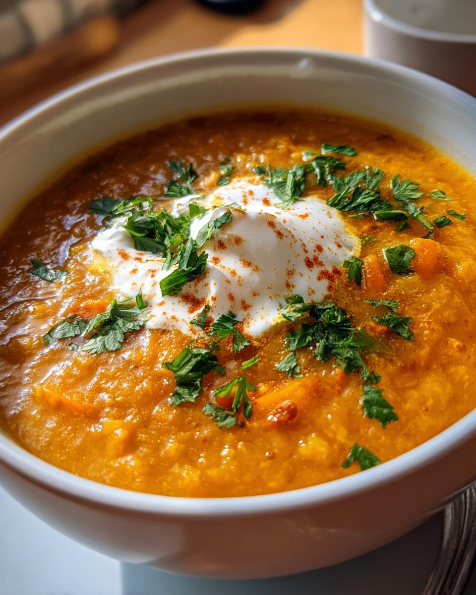 Close-up of a bowl of Coconut Curry Lentil Soup, garnished with yogurt and herbs.