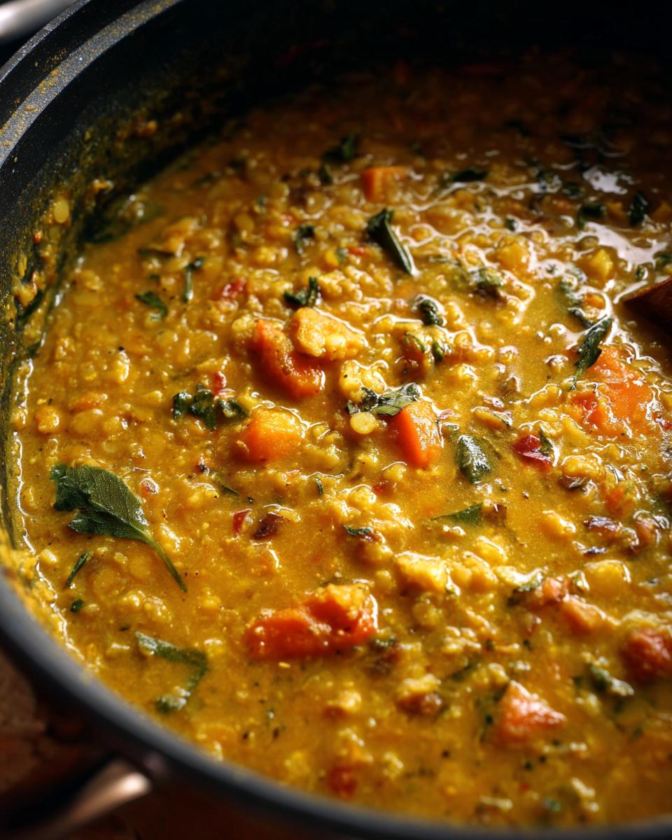 Close-up of a pot of delicious Coconut Curry Lentil Soup, a hearty and flavorful vegetarian dish.