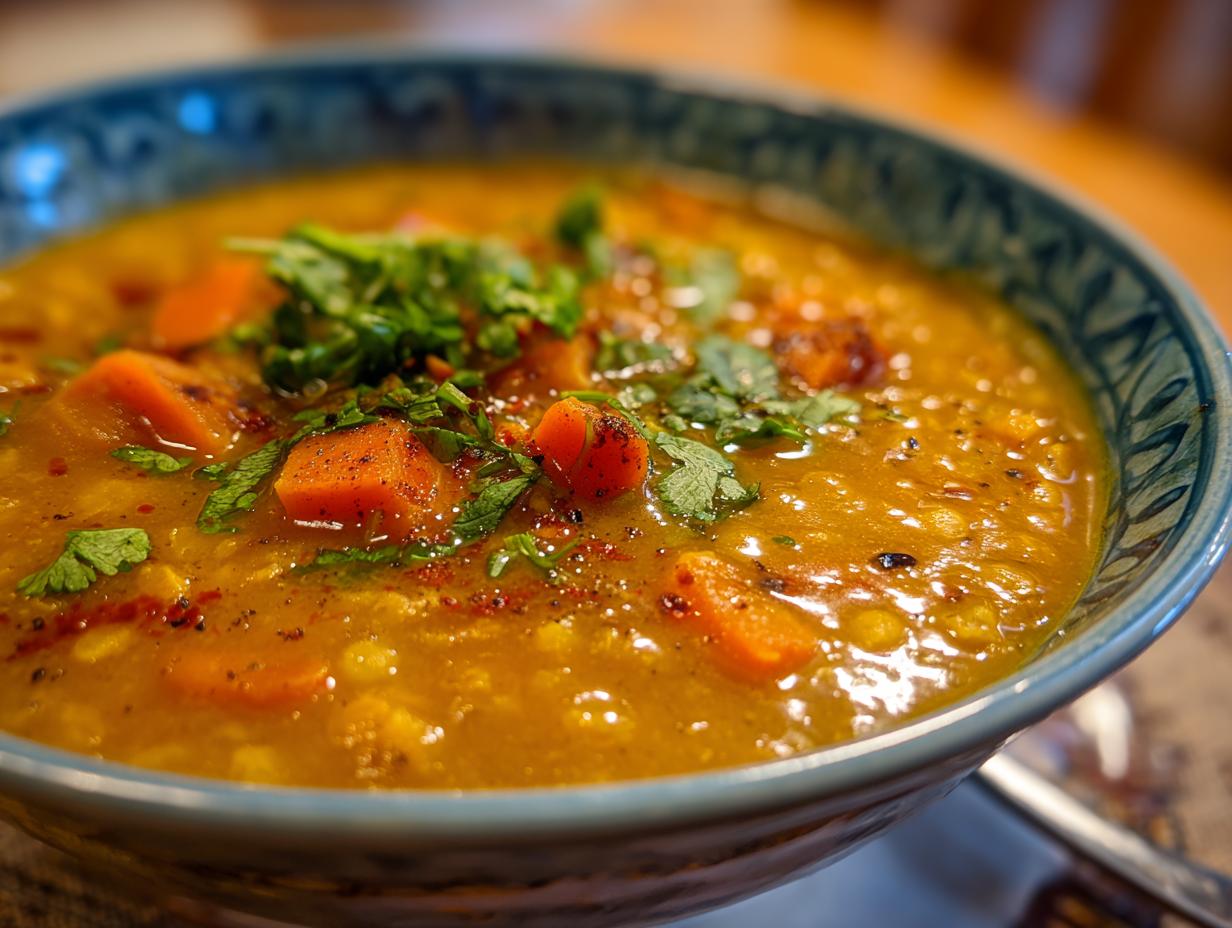 Close-up of a bowl of delicious Coconut Curry Lentil Soup, garnished with fresh herbs and carrots.