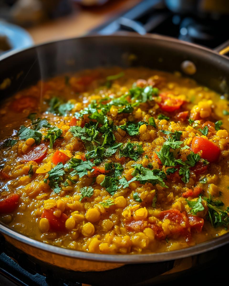 Close-up of a pan of Coconut Curry Lentil Soup, garnished with fresh herbs and tomatoes.