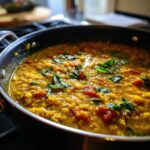 Close-up of a pan of Coconut Curry Lentil Soup, garnished with fresh herbs.