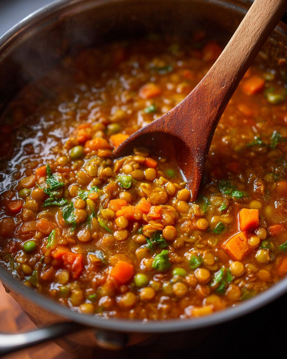 Close-up of Coconut Curry Lentil Soup in a pot with a wooden spoon.