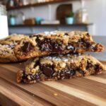 Close-up of a chocolate chip cookie mix in a jar, cut in half to reveal gooey melted chocolate chips.