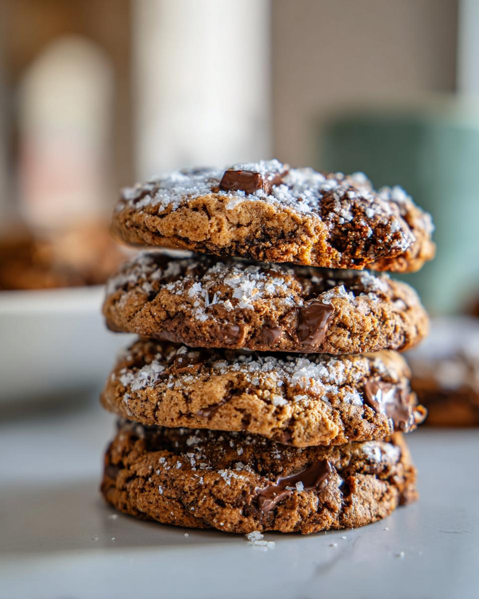 A stack of four delicious chocolate chip cookies, sprinkled with sea salt and chocolate chunks, made from cookie mix in a jar.