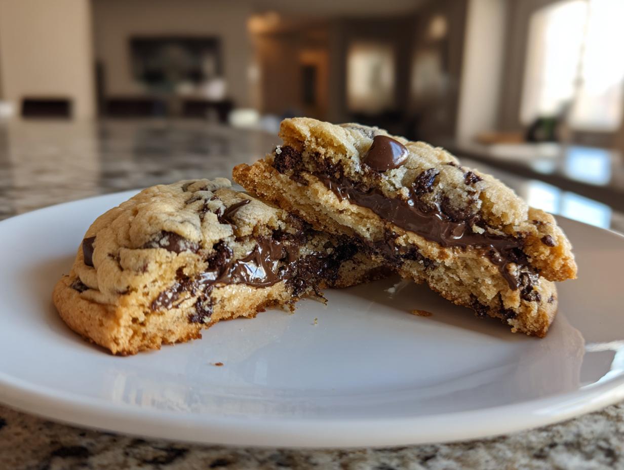 Close-up of a chocolate chip cookie, split in half, revealing a gooey chocolate center. This cookie mix in a jar recipe yields delicious results.