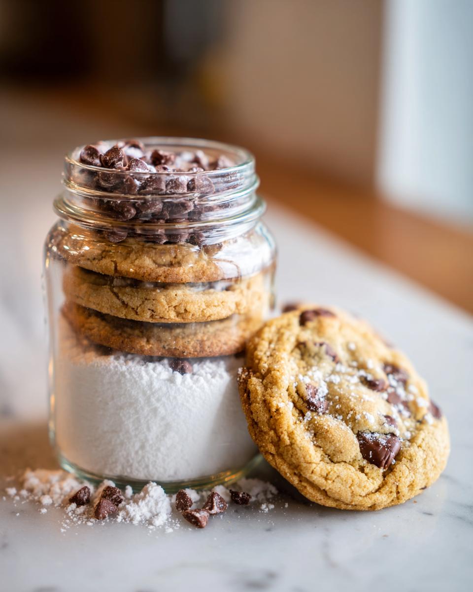 A glass jar filled with layers of cookie mix and chocolate chips, with freshly baked chocolate chip cookies beside it.