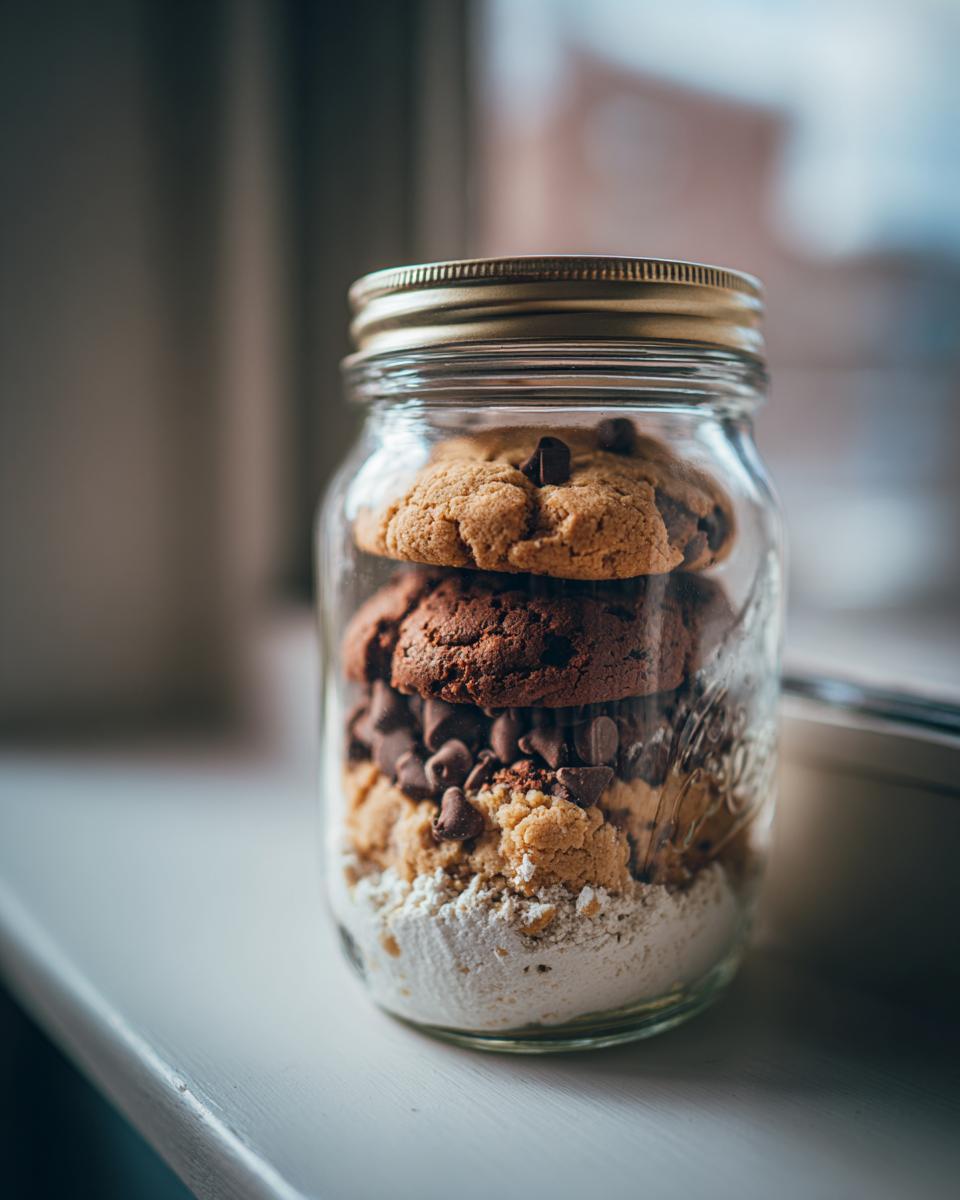 A glass jar filled with layers of cookie mix and chocolate chip cookies, representing a Cookie Mix in a Jar.