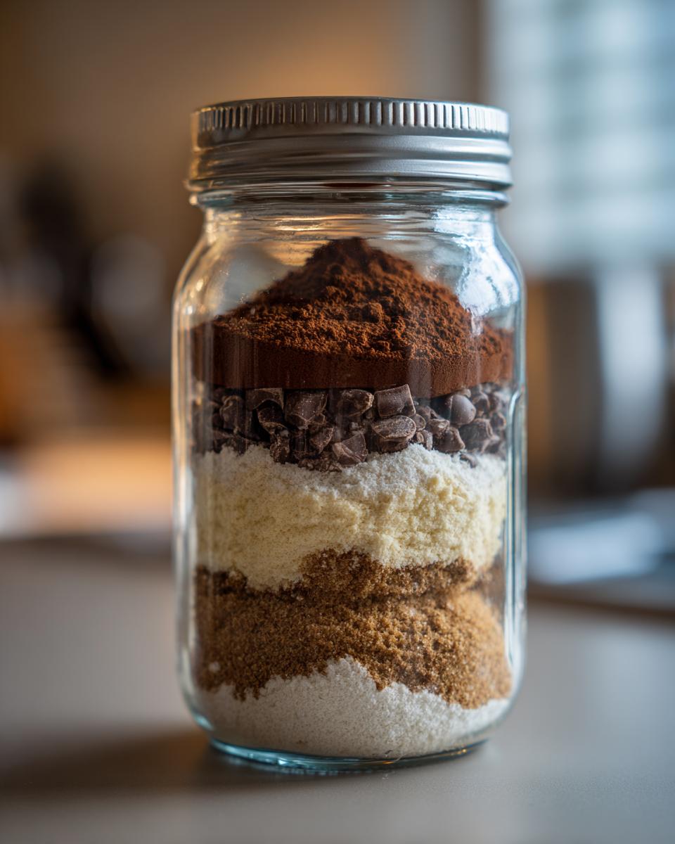 A glass jar filled with layers of ingredients for a cookie mix in a jar recipe, including cocoa powder, chocolate chips, flour, and sugars.