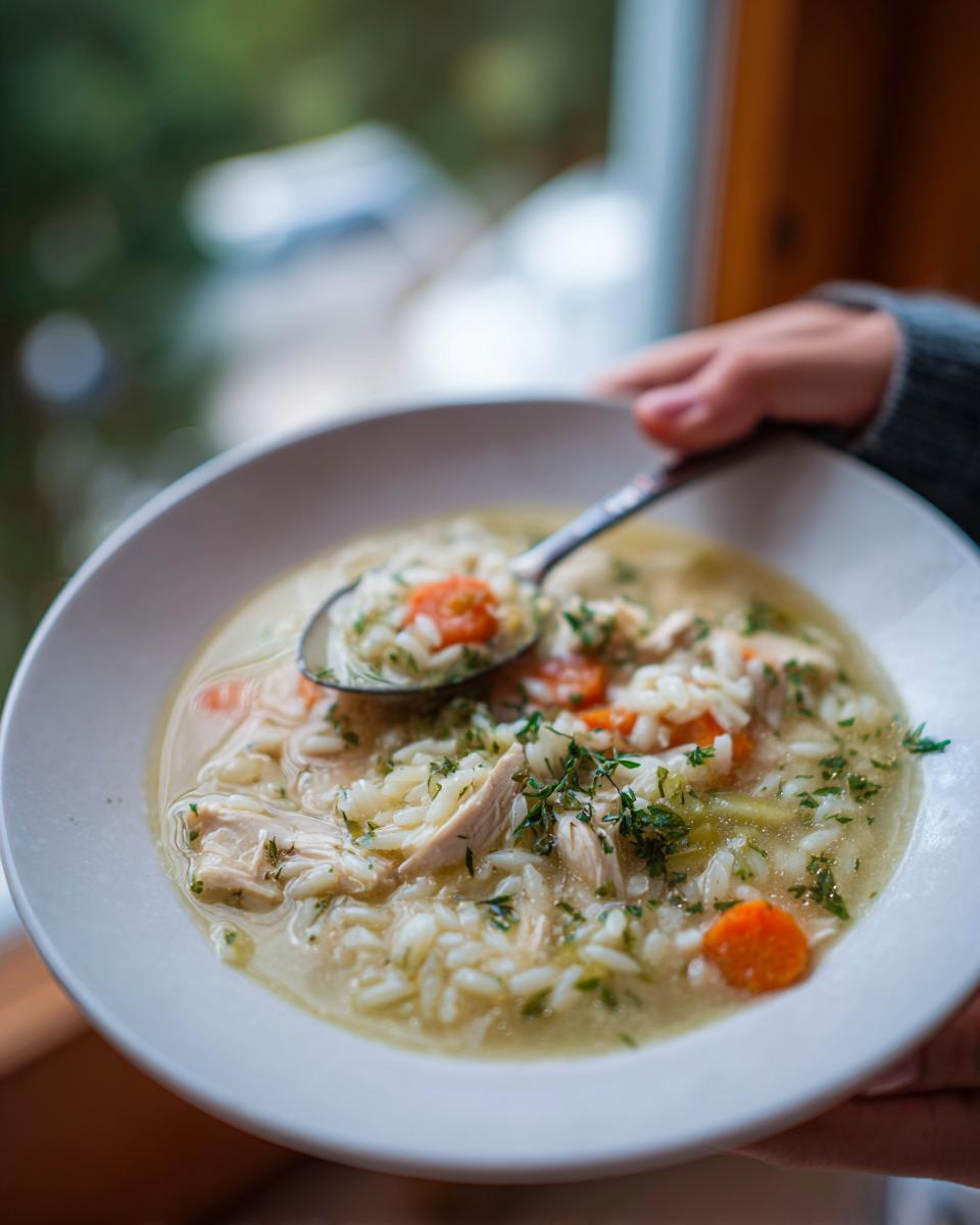 Close-up of a bowl of Cozy Lemon Chicken Orzo Soup, with chicken, carrots, and orzo.