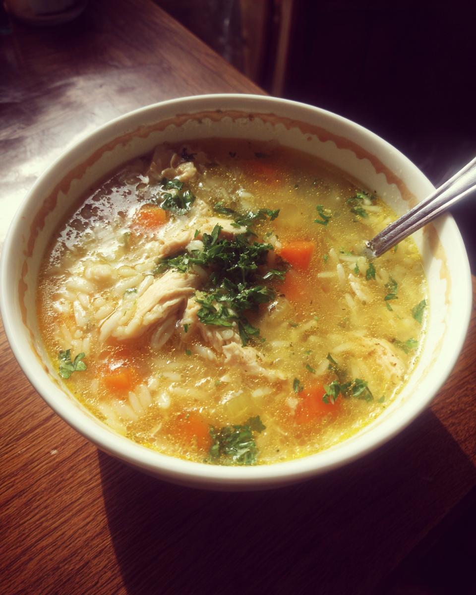 Bowl of Cozy Lemon Chicken Orzo Soup with chicken, carrots, orzo, and fresh herbs.