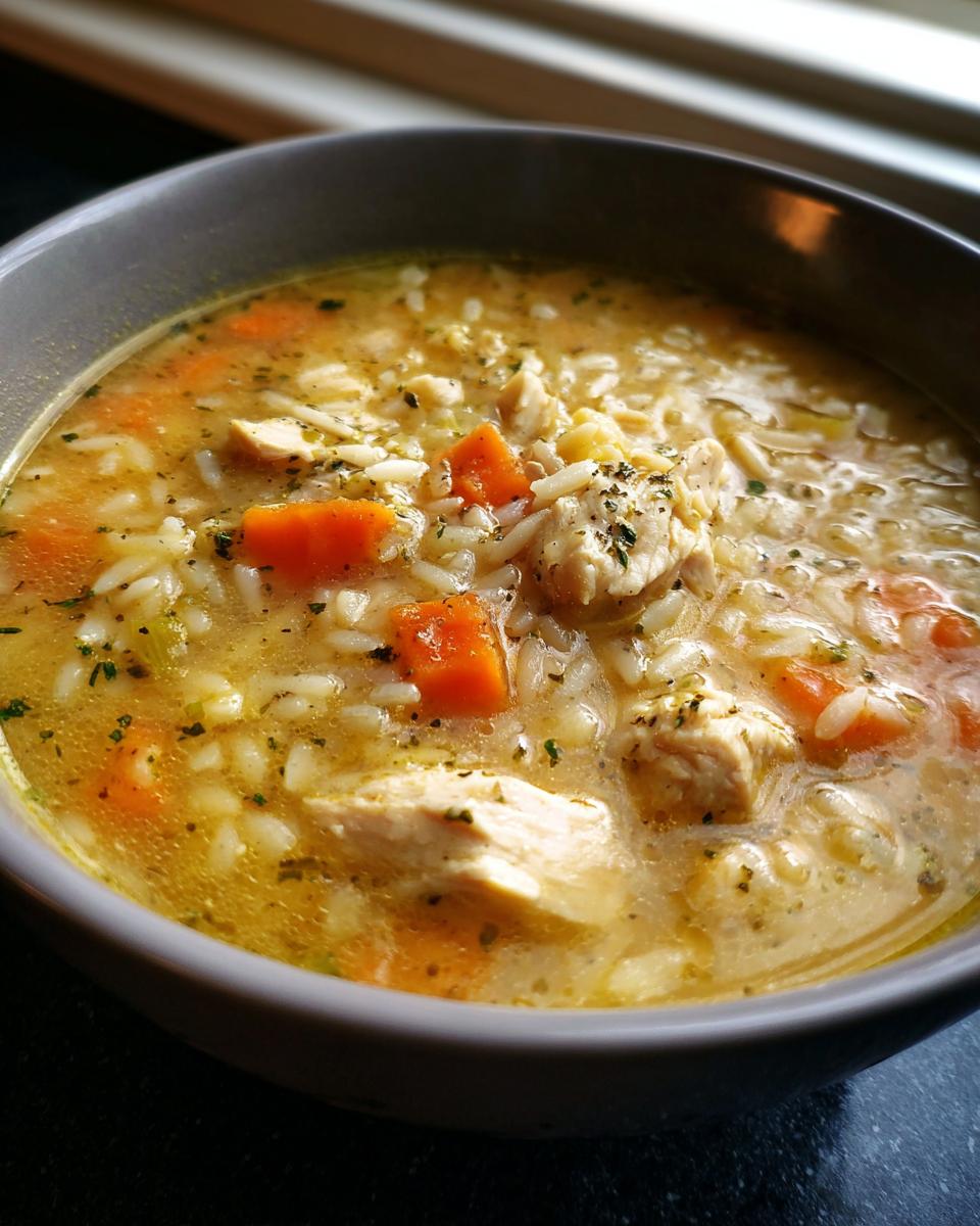 Close-up of a bowl of Cozy Lemon Chicken Orzo Soup with chicken, carrots, and orzo.