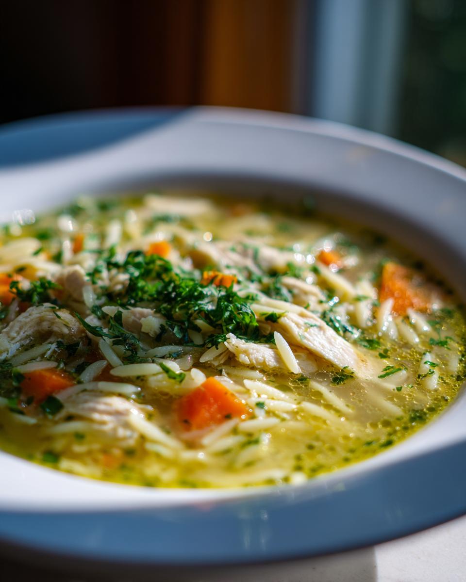 Close-up of a bowl of Cozy Lemon Chicken Orzo Soup with chicken, orzo, carrots, and herbs.