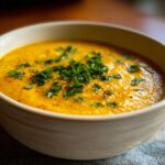 Close-up of a bowl of Cozy Pumpkin Soup, garnished with fresh herbs, ready to enjoy.