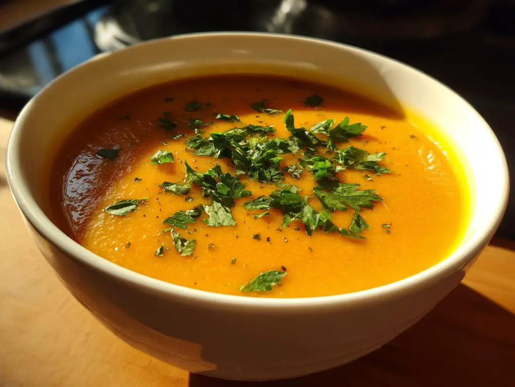 Close-up of a bowl of Cozy Pumpkin Soup garnished with fresh herbs, ready to serve.