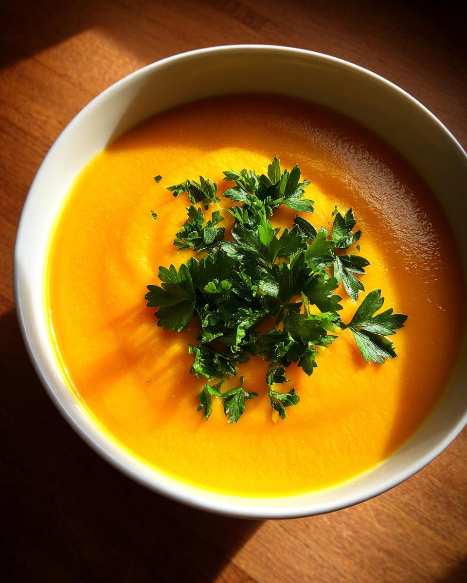 Cozy Pumpkin Soup: 1 Simple Recipe to Love 7 Overhead shot of a bowl of Cozy Pumpkin Soup garnished with fresh parsley.
