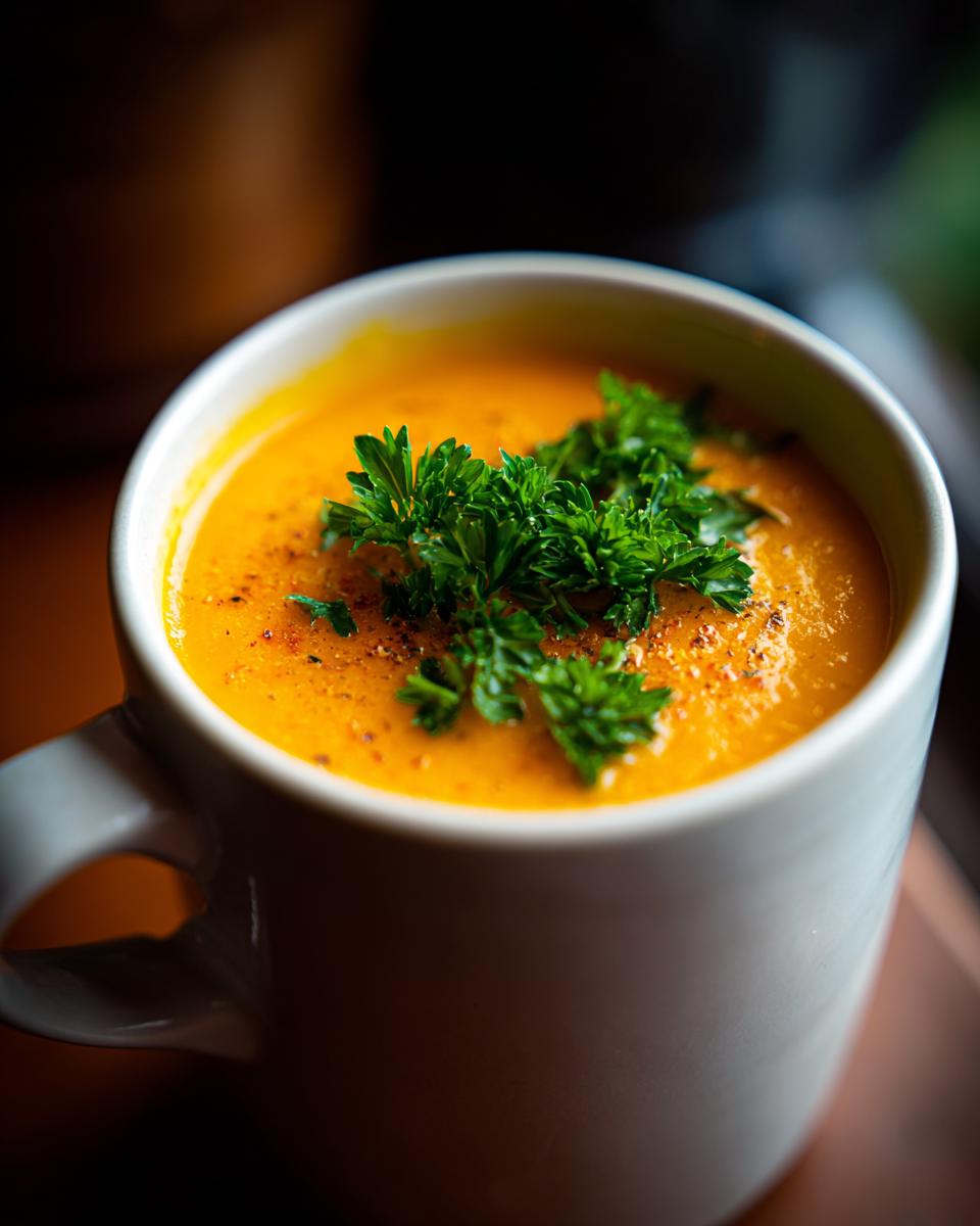 Cozy Pumpkin Soup: 1 Simple Recipe to Love 8 Close-up of a mug filled with creamy Cozy Pumpkin Soup, garnished with fresh parsley.