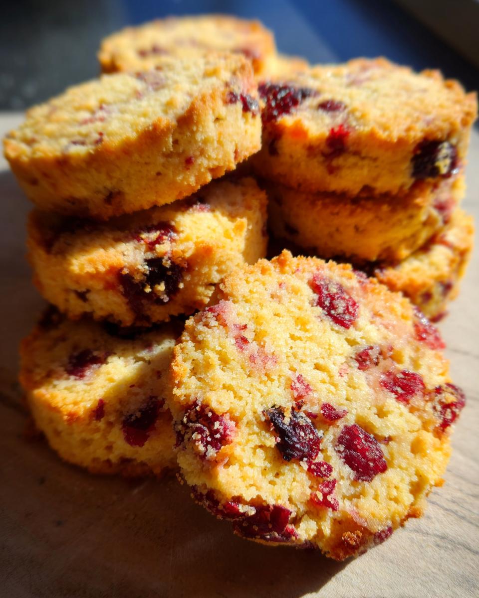 A close-up stack of delicious Cranberry Orange Shortbread Cookies, showing their golden-brown edges and visible cranberries.