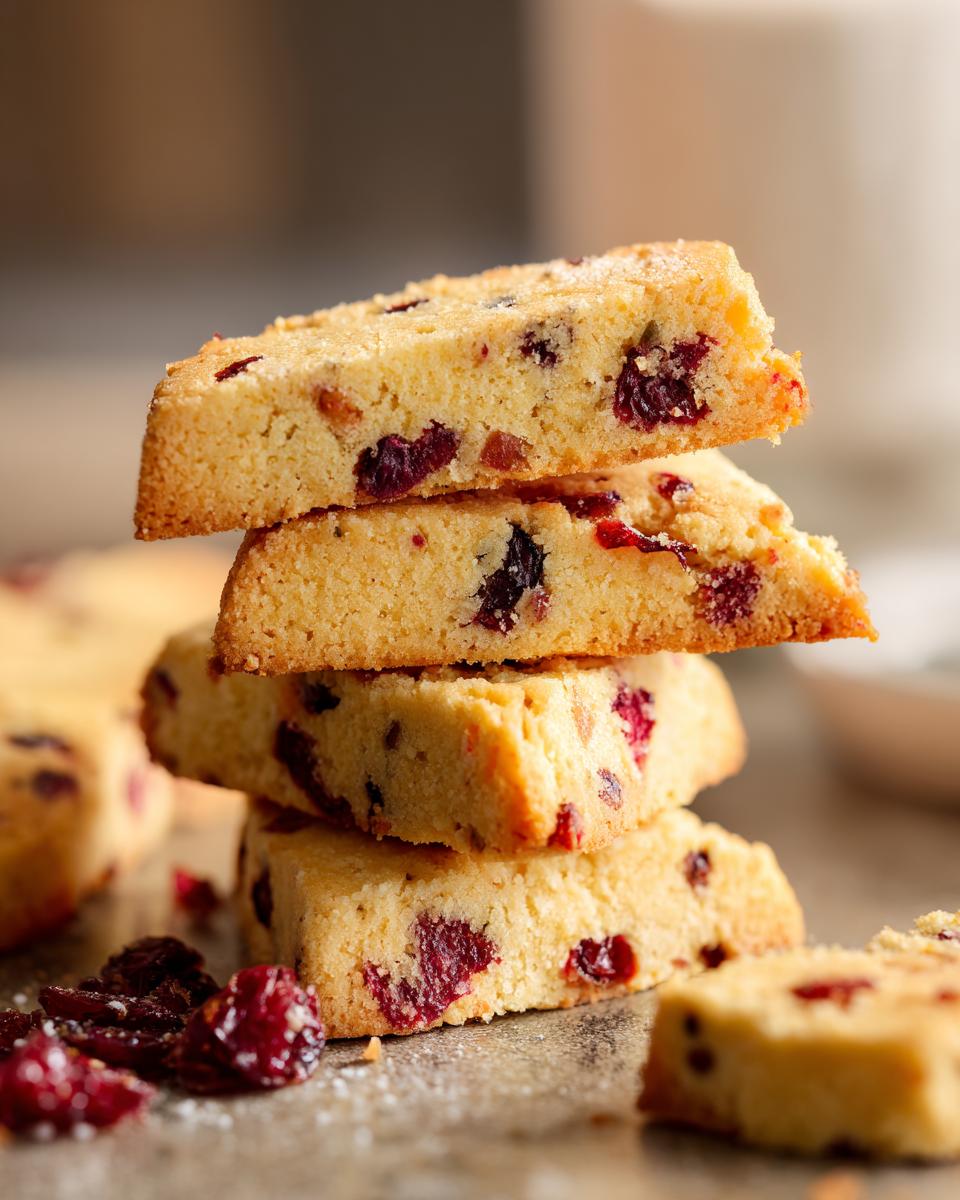 A stack of delicious Cranberry Orange Shortbread Cookies, showing dried cranberries and orange zest.