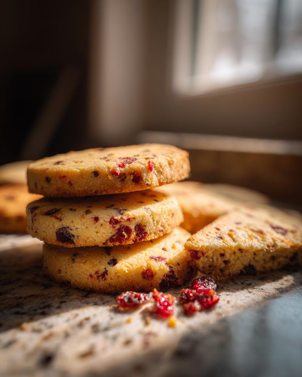 A stack of delicious Cranberry Orange Shortbread Cookies with dried cranberries visible throughout.