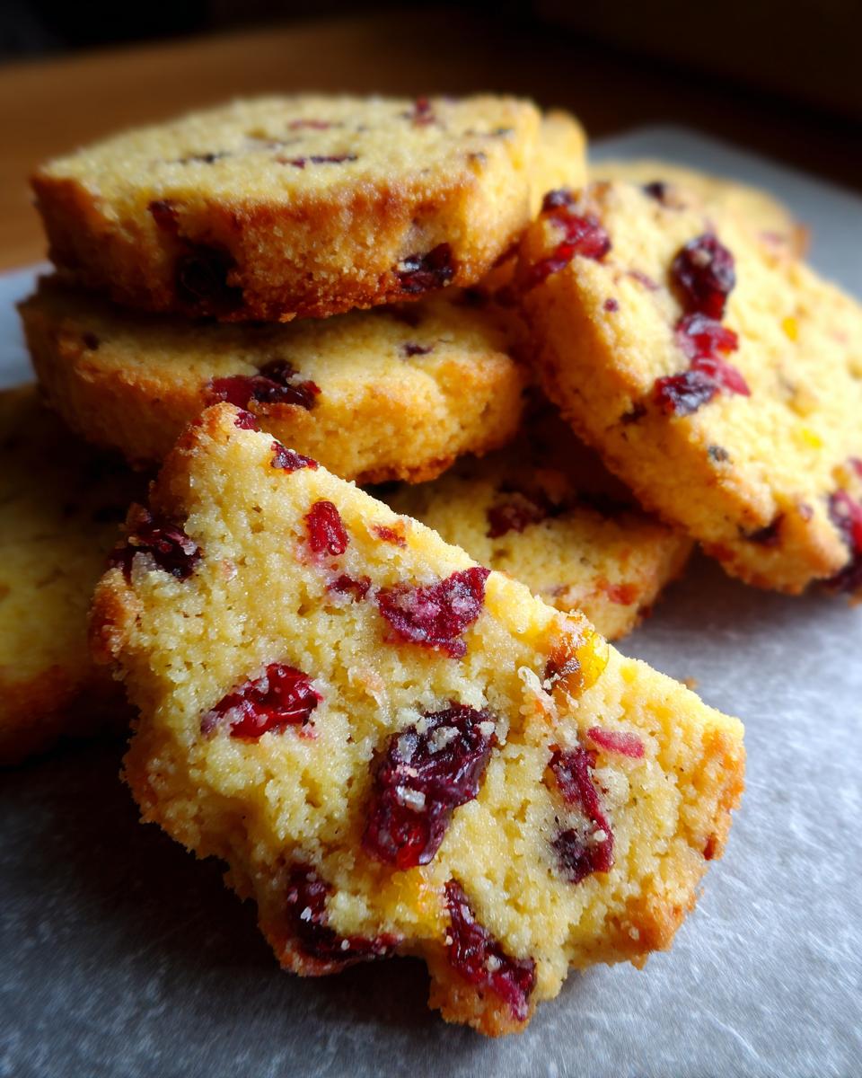A close-up stack of delicious Cranberry Orange Shortbread Cookies, showing their crumbly texture and dried cranberries.