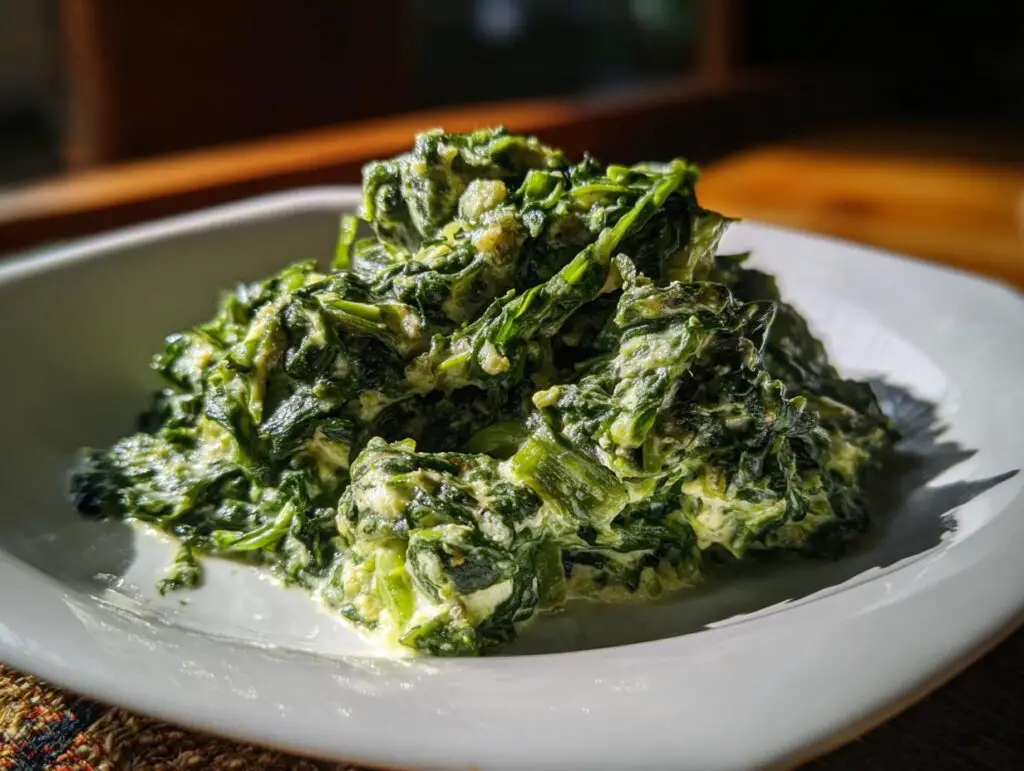 Close-up of creamy, delicious Creamed Spinach on a white plate, ready to be enjoyed.