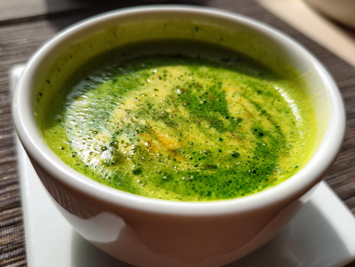 Close-up of a bowl of Creamy Broccoli Cheddar Soup, a vibrant green soup.