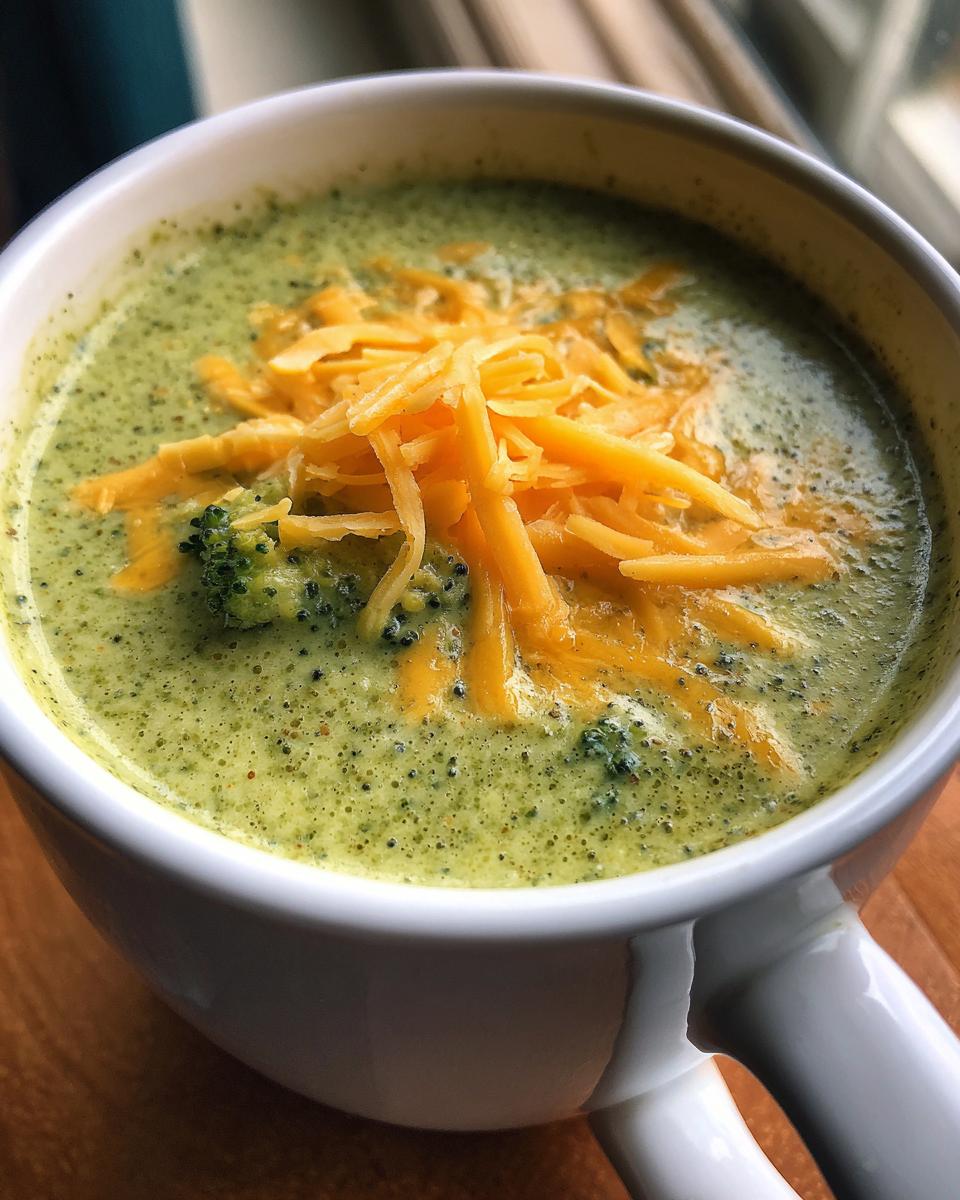 Close-up of a bowl of Creamy Broccoli Cheddar Soup, topped with shredded cheddar cheese.