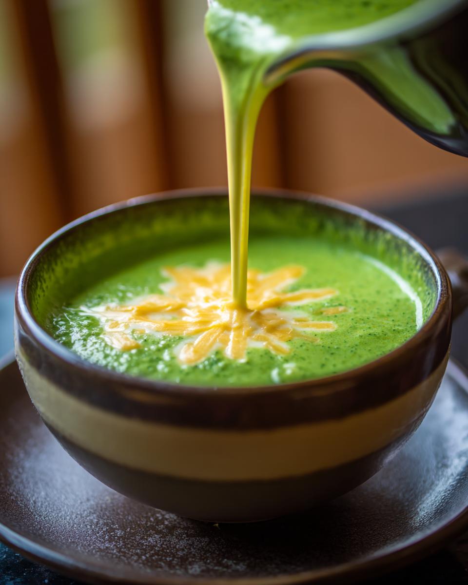 Creamy Broccoli Cheddar Soup being poured into a bowl, with cheese garnish.