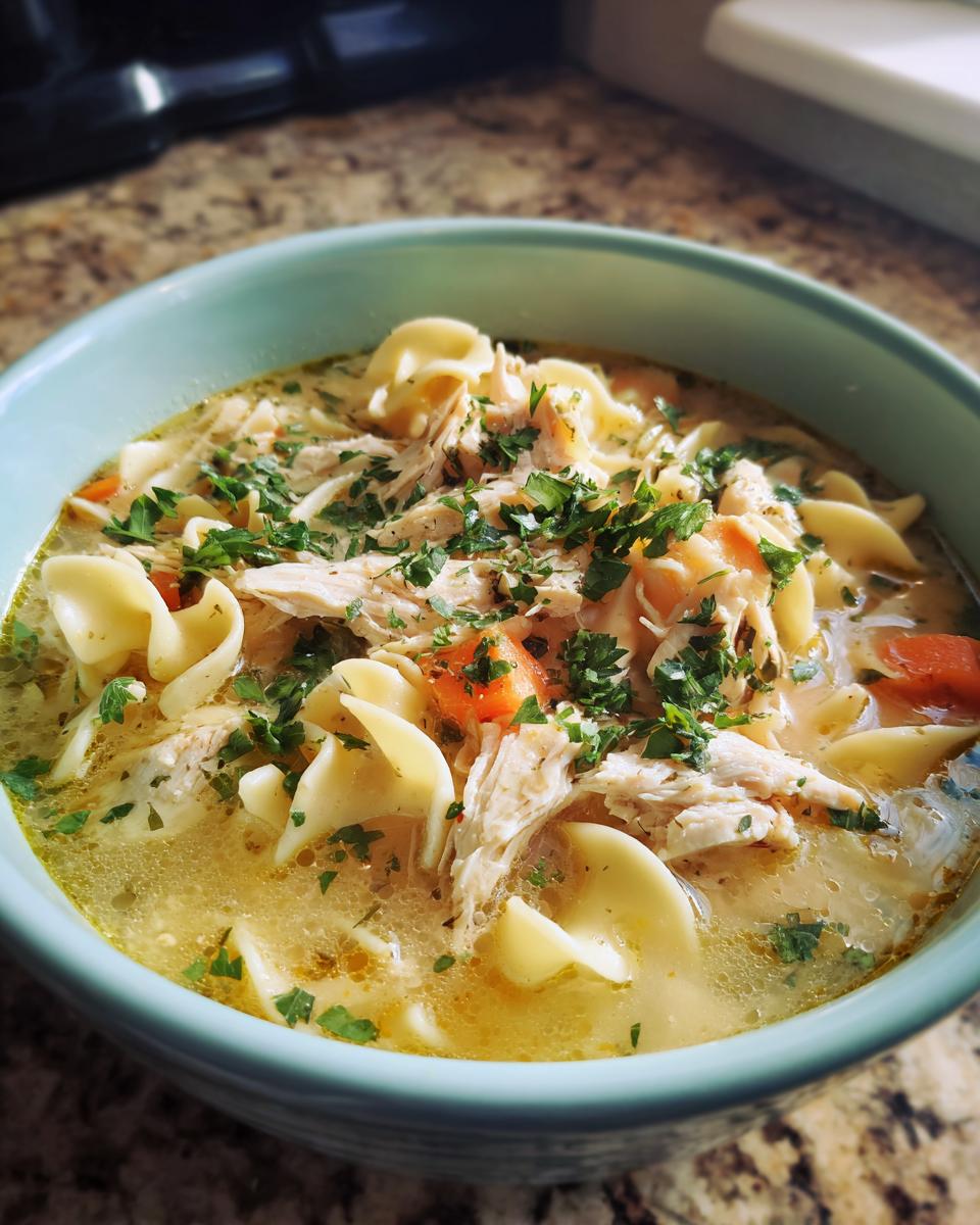 Creamy Chicken Noodle Soup: 1 Recipe for Comfort 7 Close-up of a bowl of creamy chicken noodle soup with egg noodles, chicken, and carrots.