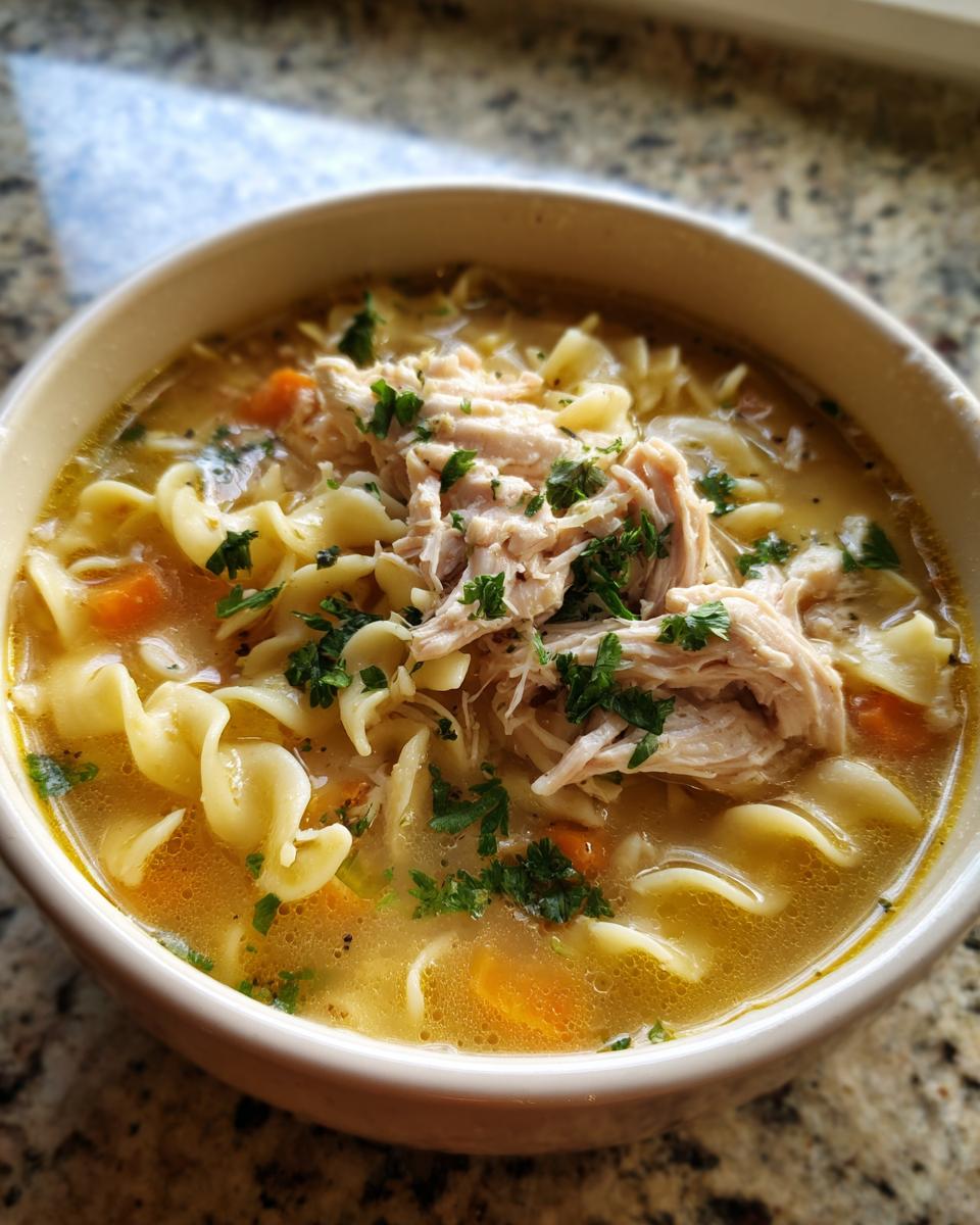 Creamy Chicken Noodle Soup: 1 Recipe for Comfort 9 Close-up of a bowl of Creamy Chicken Noodle Soup with chicken, noodles, and carrots.